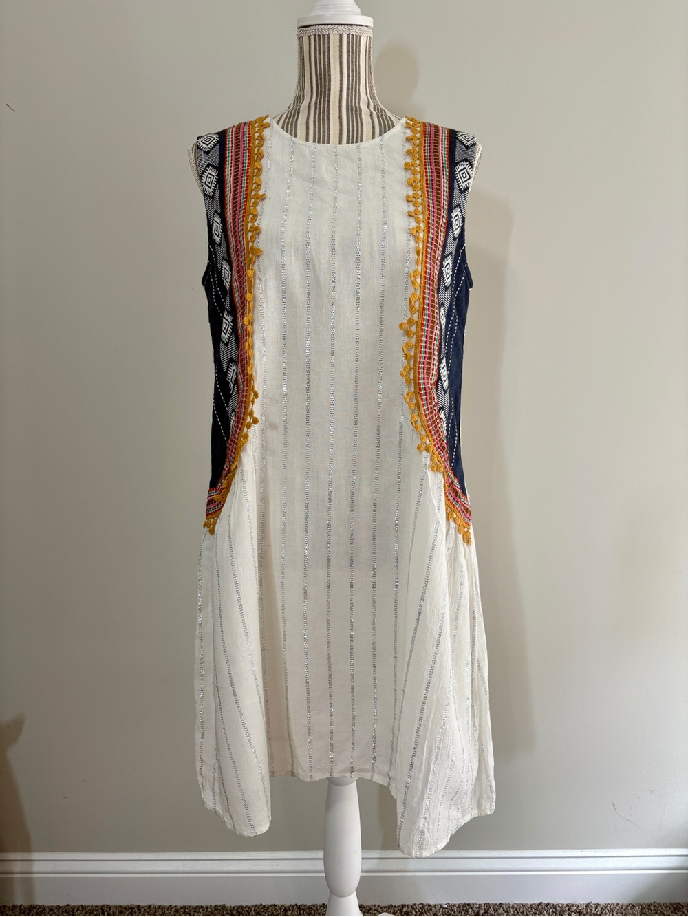 Altar'd State White Dress with Navy and Mustard Accent Panels